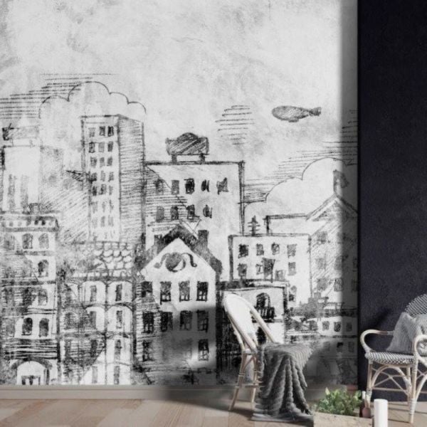 Siyah Beyaz Çizimli Şehir Binalar Duvar Kağıdı