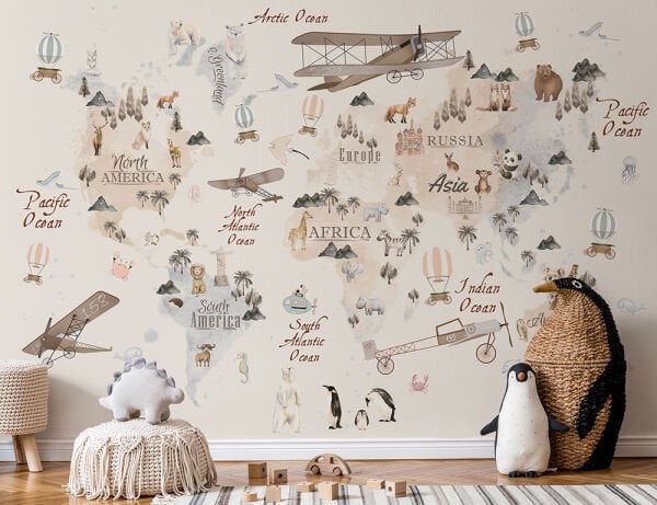 Dünya Haritası Egzotik Hayvanlar Duvar Kağıdı