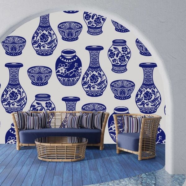 Bleu Blanc Üç Boyutlu Vazolar Duvar Kağıdı