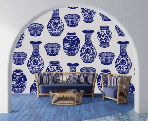 Bleu Blanc Üç Boyutlu Vazolar Duvar Kağıdı