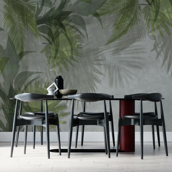 Gölgeli Ve Tropik Yeşil Yapraklar Tasarım Duvar Kağıdı