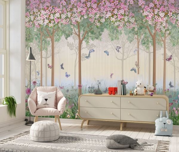 Pembe Çiçekli Şirin Ağaçlar Kelebekler Duvar Kağıdı