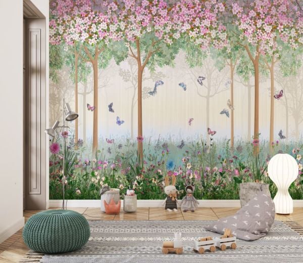 Pembe Çiçekli Şirin Ağaçlar Kelebekler Duvar Kağıdı