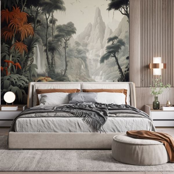 Ormana Tropik Bitkiler Kiremit Renk Çiçek Duvar Kağıdı