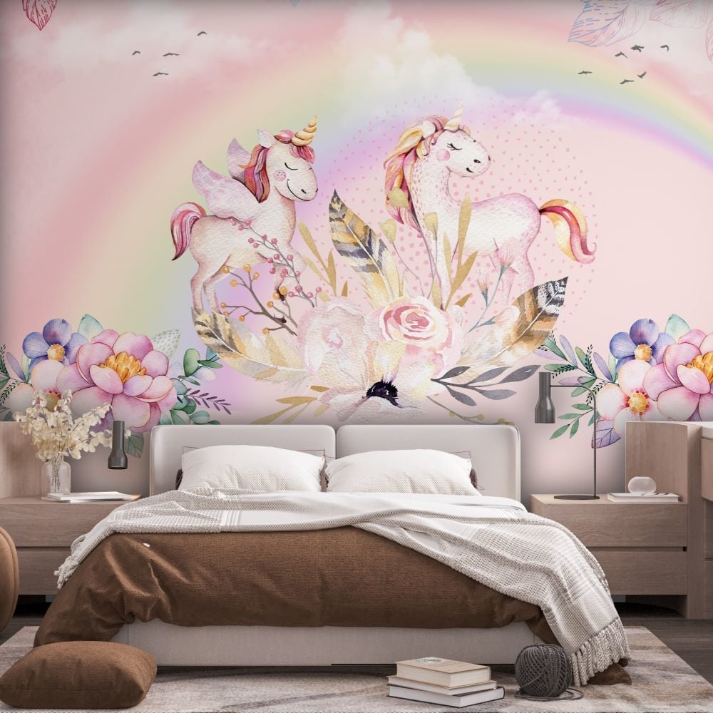 Gökkuşağı Altında Unicorn Atları Çiçekler Duvar Kağıdı