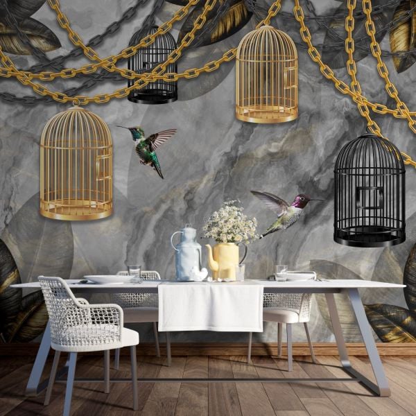 Mermer Zeminde Gold Siyah Kafes Ve Kuşlar Duvar Kağıdı