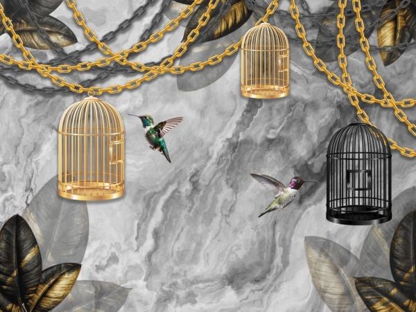 Mermer Zeminde Gold Siyah Kafes Ve Kuşlar Duvar Kağıdı