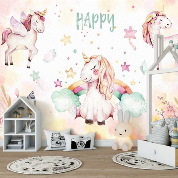 Mutlu Sevimli Unicorn Atlar Şirin Duvar Kağıdı