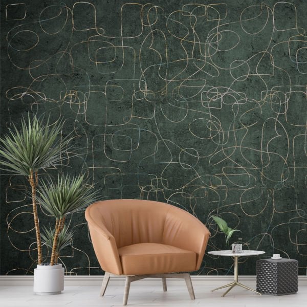 Yeşil Eskitme Zeminde Soyut Çizimler Duvar Kağıdı
