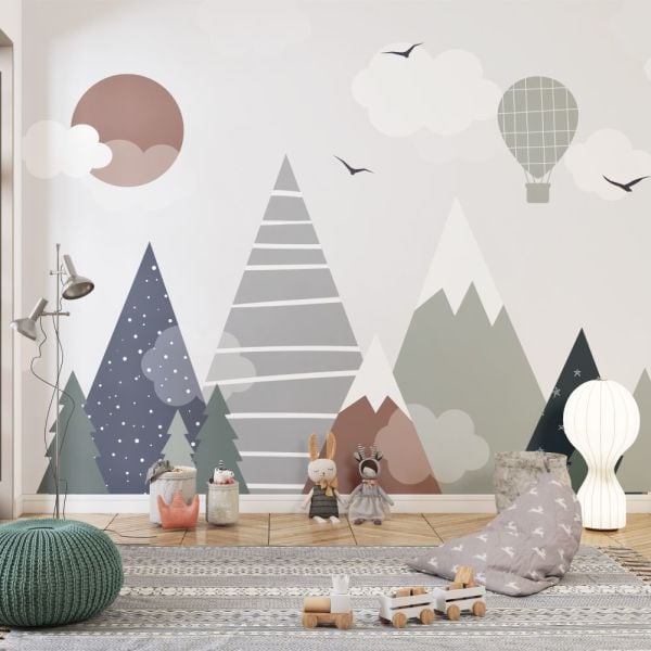 Geometrik Eğlenceli Dağlar Hava Balonu Duvar Kağıdı