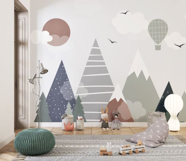 Geometrik Eğlenceli Dağlar Hava Balonu Duvar Kağıdı