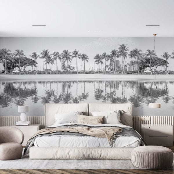 Siyah Beyaz Kumsalda Palmiyeler Duvar Kağıdı