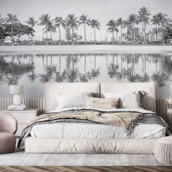 Siyah Beyaz Kumsalda Palmiyeler Duvar Kağıdı