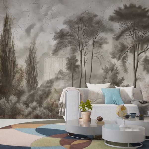 Sepya Tonlarda Ağaçlar İçinde Ev Duvar Kağıdı