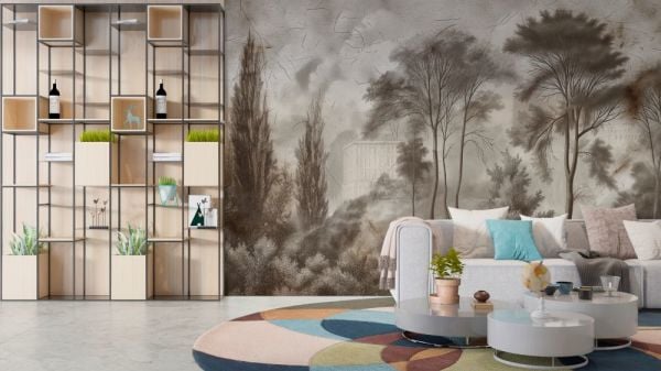 Sepya Tonlarda Ağaçlar İçinde Ev Duvar Kağıdı