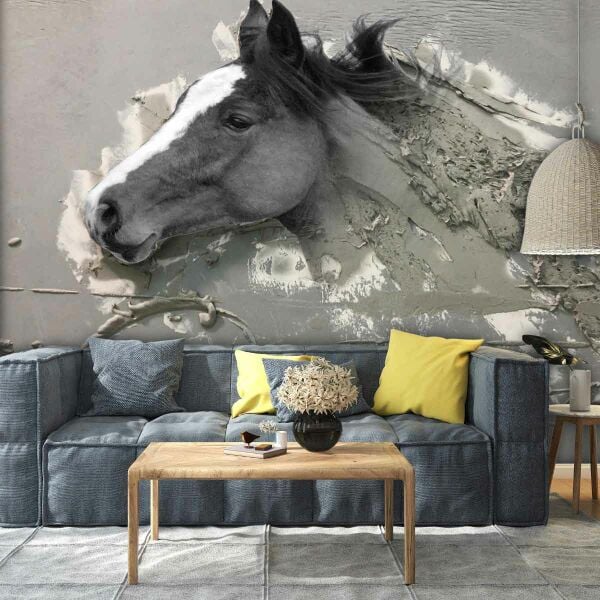 Duvardan Çıkan Siyah Yeleli Gri At Duvar Kağıdı