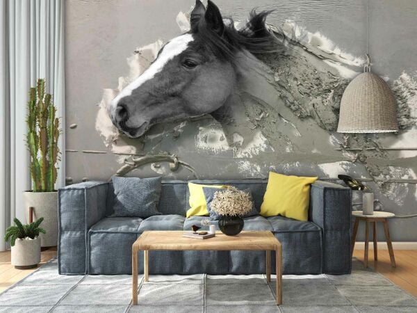 Duvardan Çıkan Siyah Yeleli Gri At Duvar Kağıdı