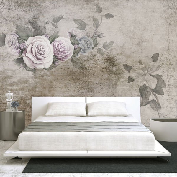 Eskitme Taş Duvarda Güller Duvar Kağıdı