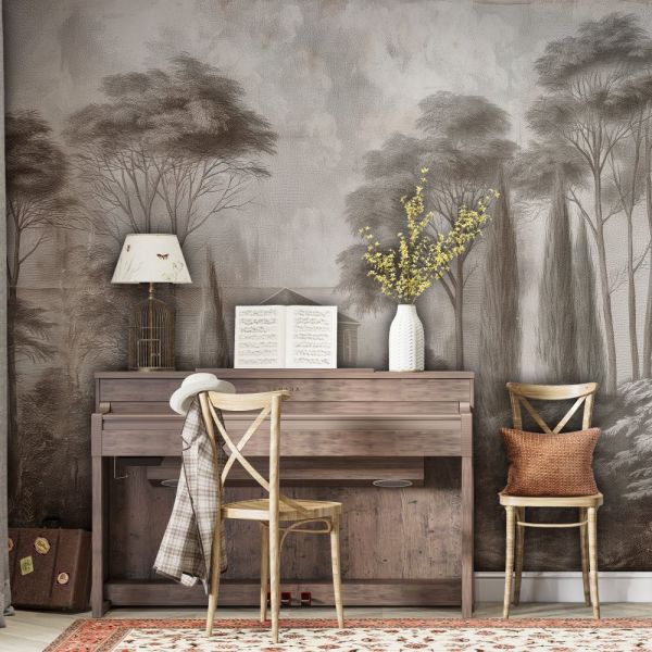 Sulu Boya Çizim Orman Ağaçlar Duvar Kağıdı