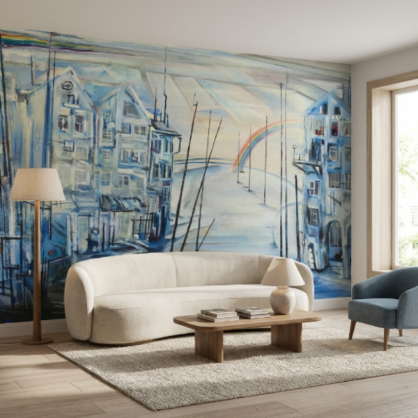 Gökkuşağı Ve Mavi Çizim Evler Duvar Kağıdı