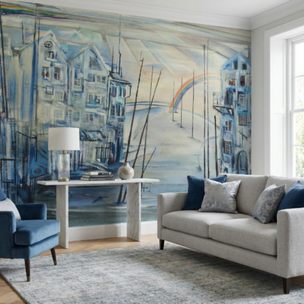 Gökkuşağı Ve Mavi Çizim Evler Duvar Kağıdı