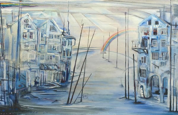 Gökkuşağı Ve Mavi Çizim Evler Duvar Kağıdı