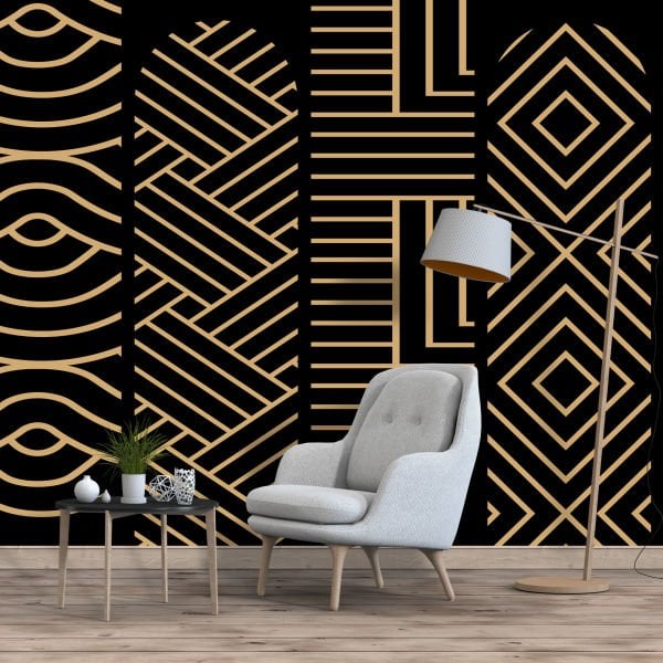 Siyah Zeminde Gold Çizimler Asimetrik Duvar Kağıdı