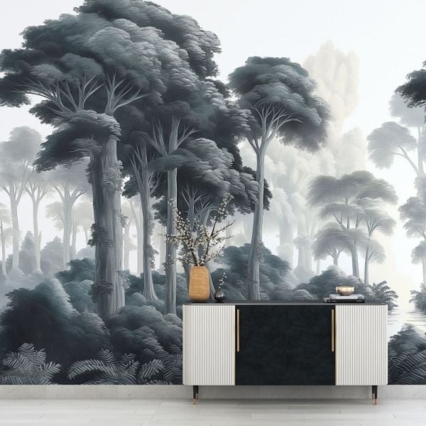 Sulu Boya Çizim Antrasit Ağaçlar Duvar Kağıdı