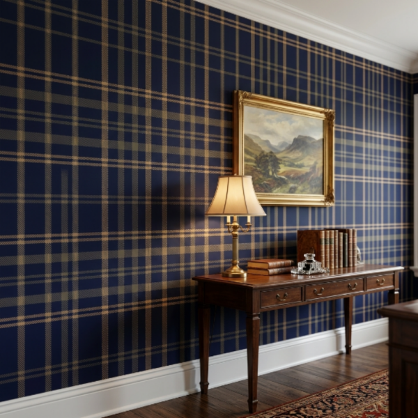 Kraliyet Mavi Sarı Çizgili Ekose Desen Duvar Kağıdı