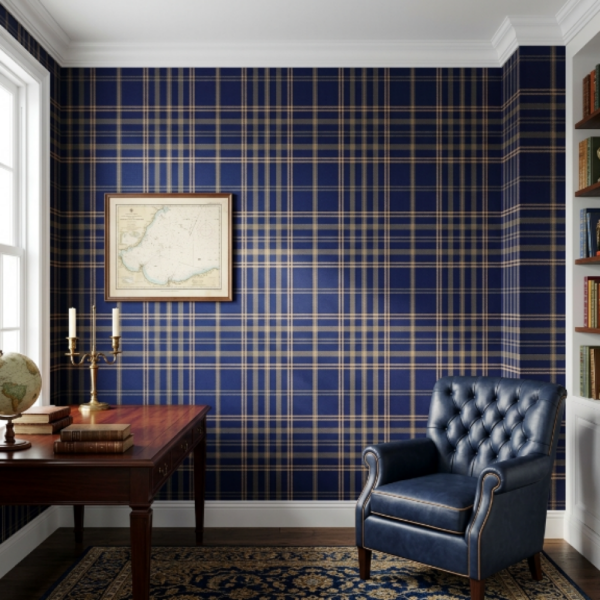 Kraliyet Mavi Sarı Çizgili Ekose Desen Duvar Kağıdı