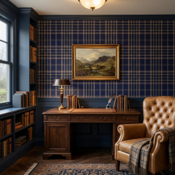 Kraliyet Mavi Sarı Çizgili Ekose Desen Duvar Kağıdı