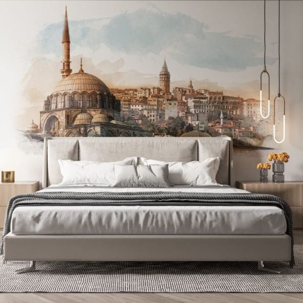 İstanbul Ve Camii Çizim Duvar Kağıdı