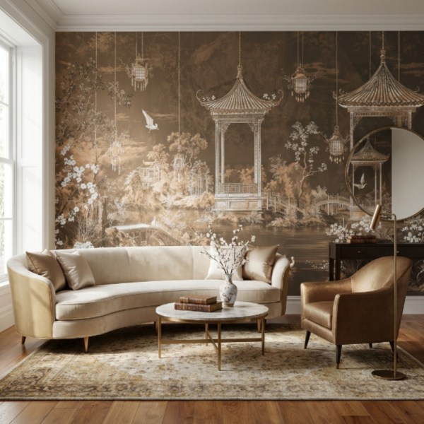 Doğu Bahçesi Pavilion Manzara Duvar Kağıdı – Serenity Beige