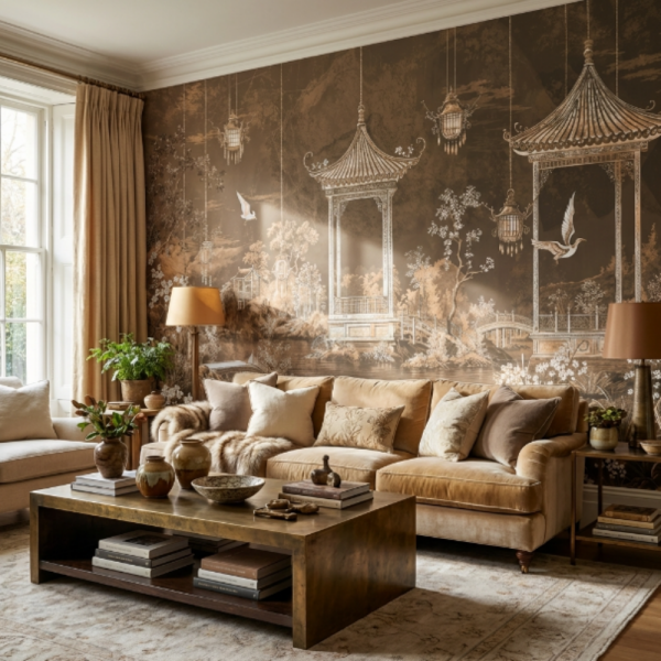 Doğu Bahçesi Pavilion Manzara Duvar Kağıdı – Serenity Beige