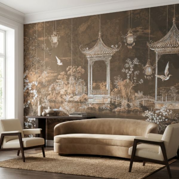 Doğu Bahçesi Pavilion Manzara Duvar Kağıdı – Serenity Beige