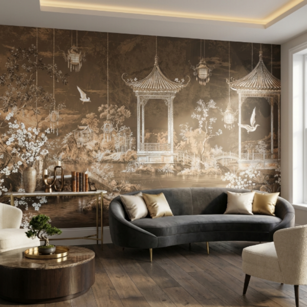 Doğu Bahçesi Pavilion Manzara Duvar Kağıdı – Serenity Beige