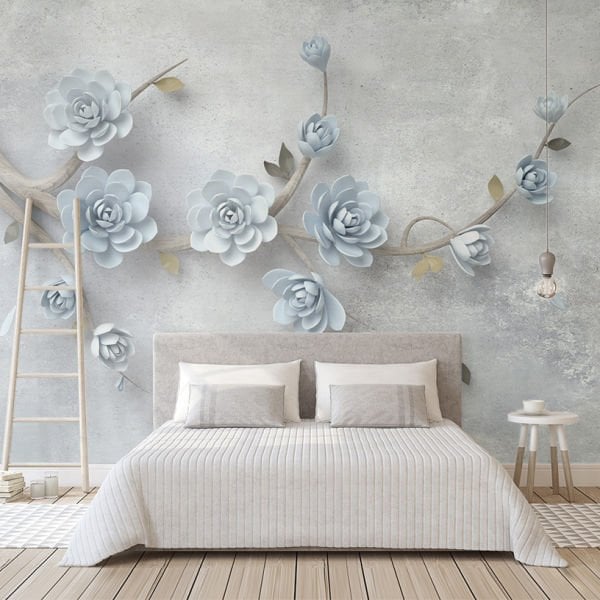 Mavi Rölyef Desen Dalda Çiçekler Duvar Kağıdı