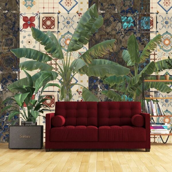 Muz Ağaçları İçinde Karo Desenler Tasarım Duvar Kağıdı