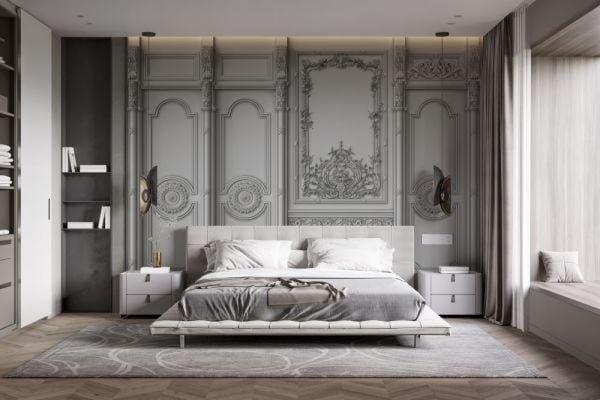 Rölyef Desen Gri İşlemeli Çıtalama Duvar Kağıdı