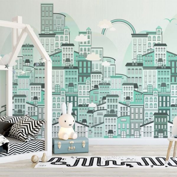 Mint Yeşili Gökkuşağı Binalar Şehir Duvar Kağıdı