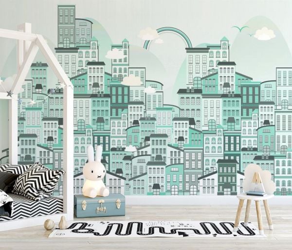 Mint Yeşili Gökkuşağı Binalar Şehir Duvar Kağıdı