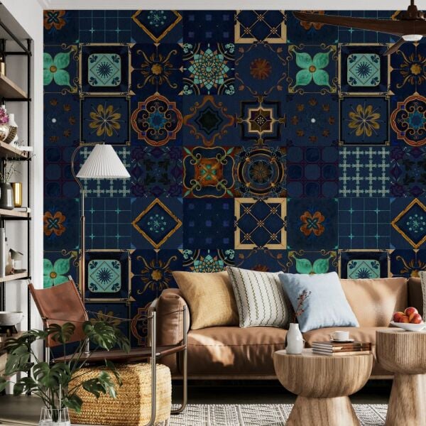 Lacivert Etnik Karo Desen Tasarım Duvar Kağıdı
