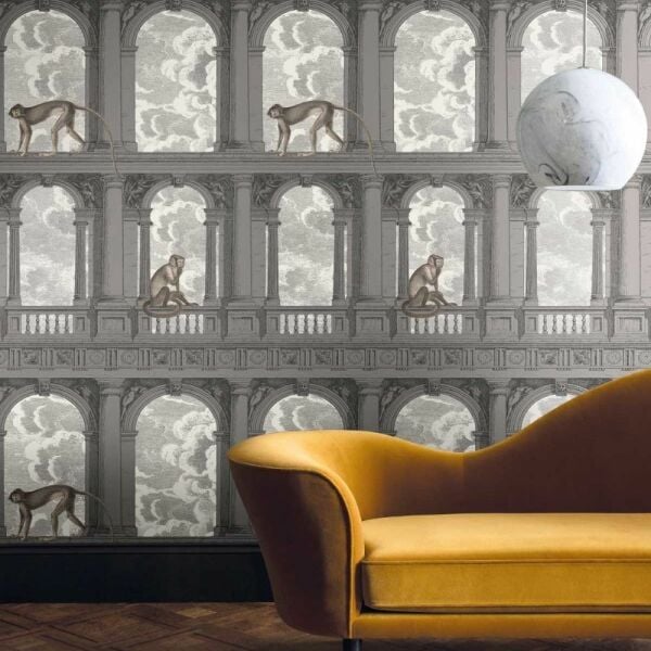 Maymunlu Fornasetti Sütünlar Kemerler Arasında Gezinen Maymunlar Duvar Kağıdı