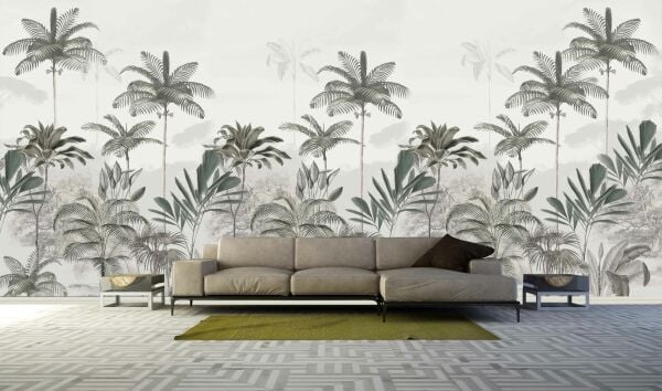 Tropik Gri Tonlarda Palmiye Ağaçları Duvar Kağıdı