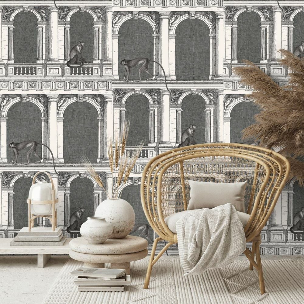 Maymunlu Fornasetti Sütünlar Kemerler Arasında Gezinen Maymunlar Duvar Kağıdı