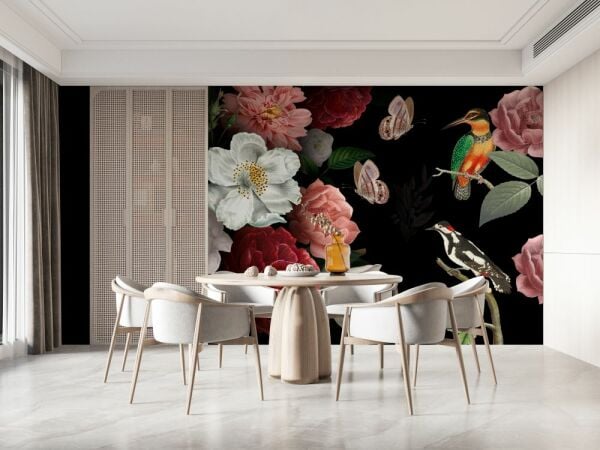 Çiçekler Kelebekler Renkli Kuşlar Lüks Duvar Kağıdı