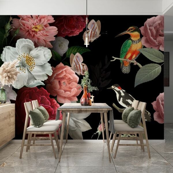 Çiçekler Kelebekler Renkli Kuşlar Lüks Duvar Kağıdı