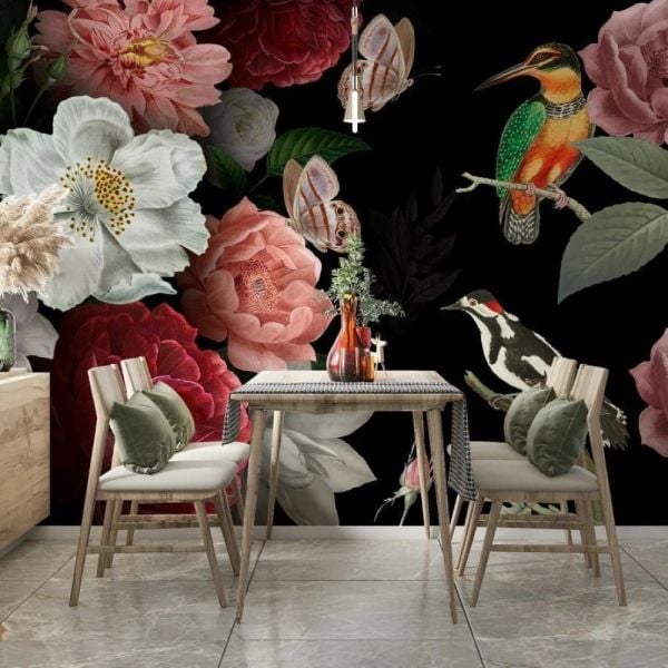 Çiçekler Kelebekler Renkli Kuşlar Lüks Duvar Kağıdı