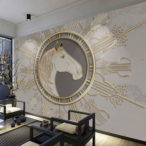 Gold Çerçeve İçinde At Büst Tasarım Duvar Kağıdı