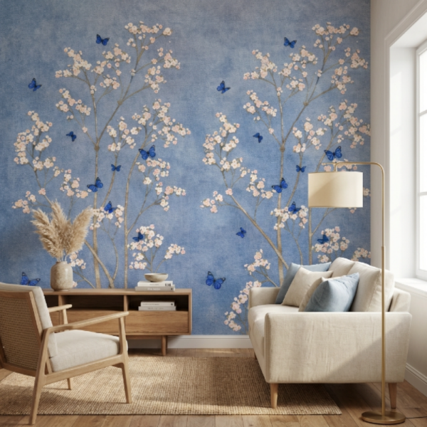 Mavi Zeminli Beyaz Çiçek ve Kelebek Desenli Duvar Kağıdı